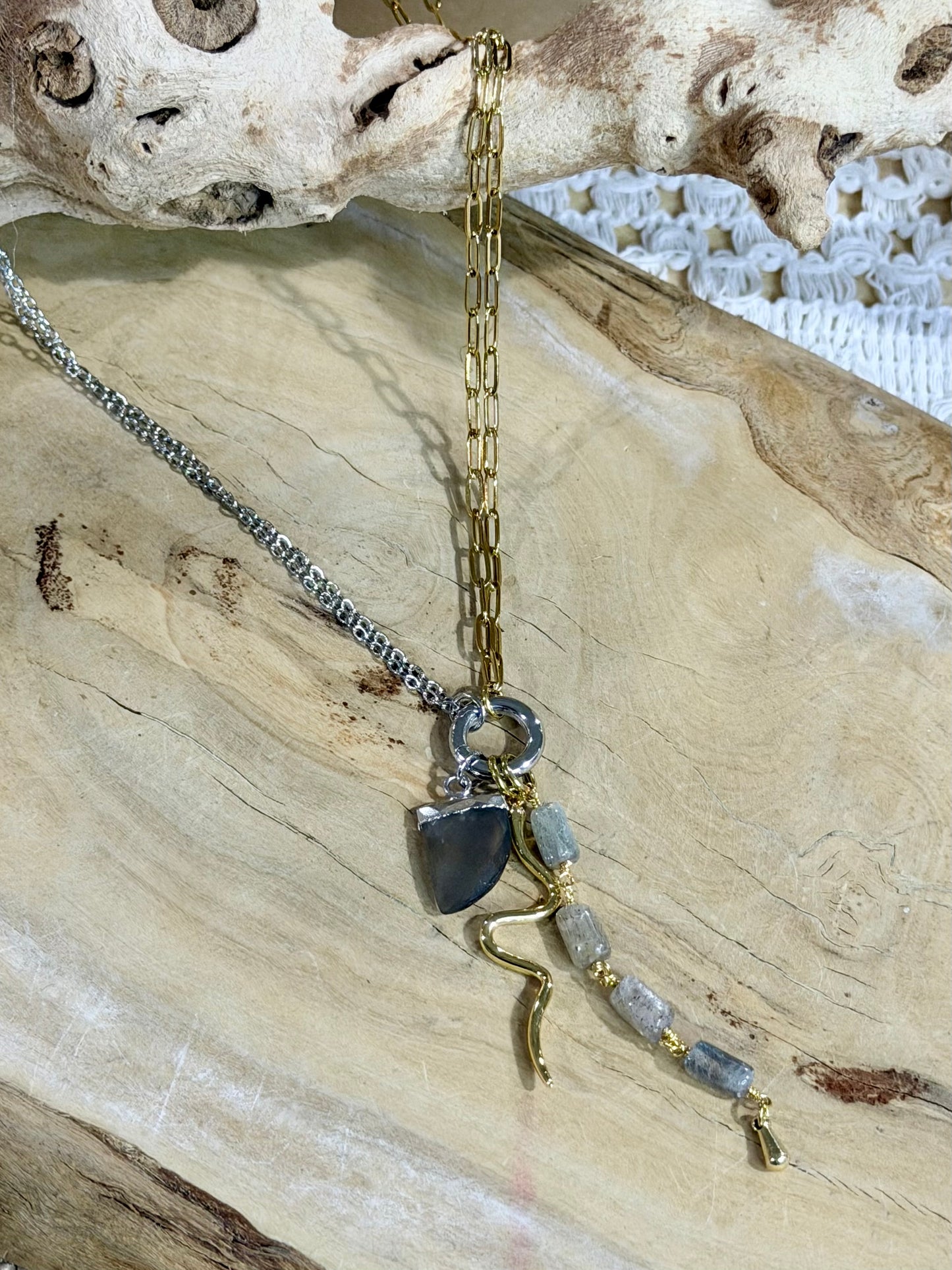 Gray Moonstone + Labradorite Mixed Metal Carabiner Charm Necklace