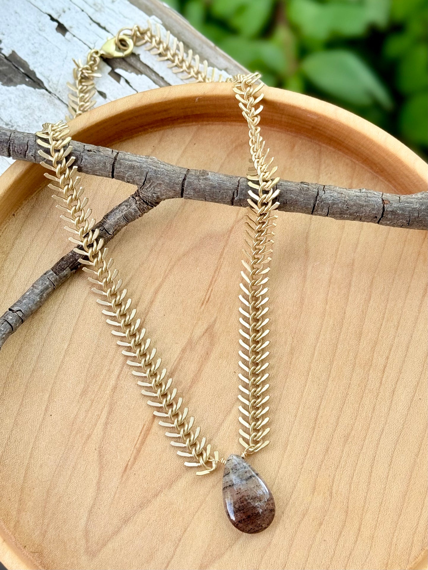 Moss Agate + Matte Gold Fishbone Chain Necklace