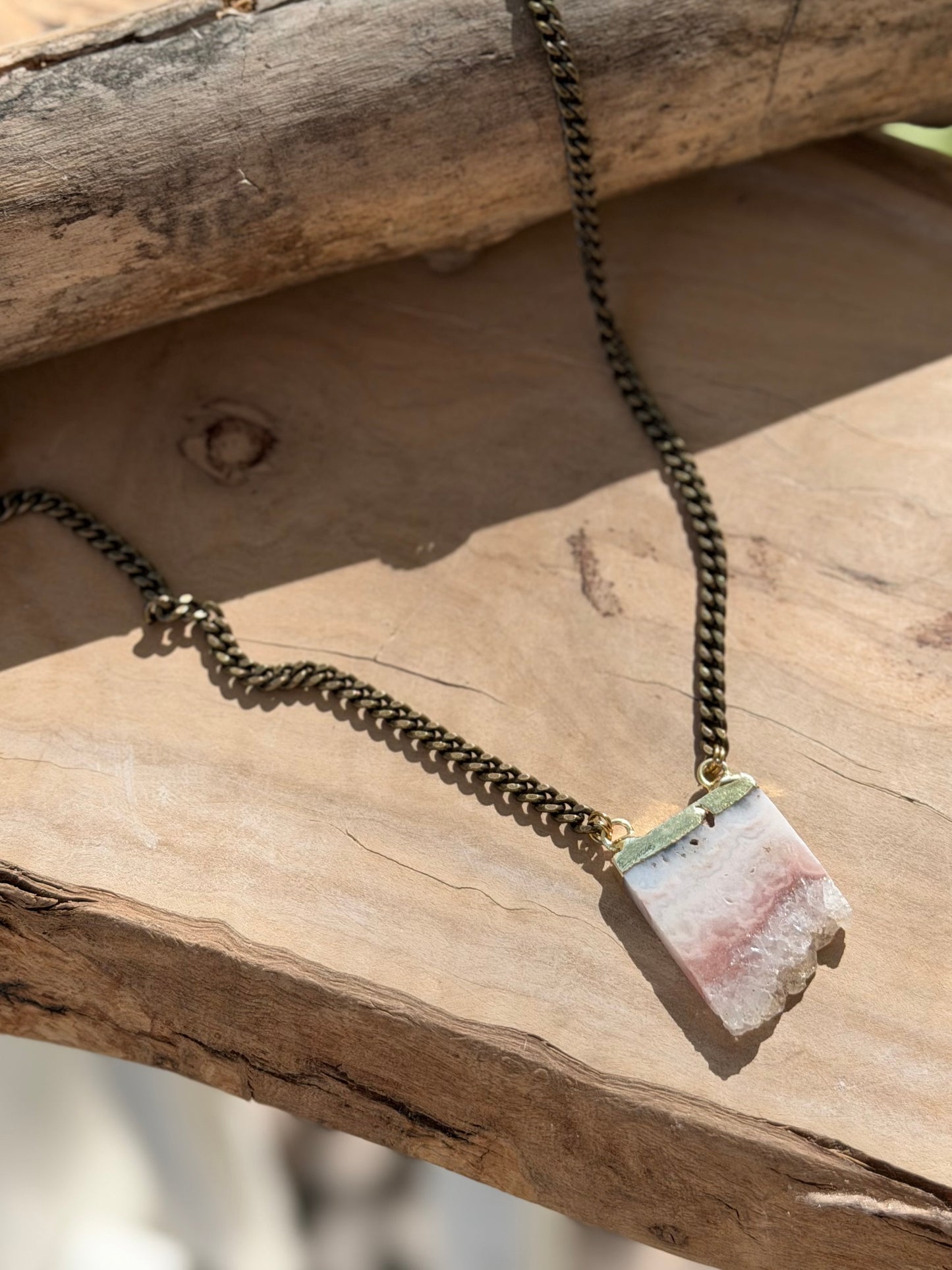 Light Pink Amethyst Stalactite + Antique Brass Necklace