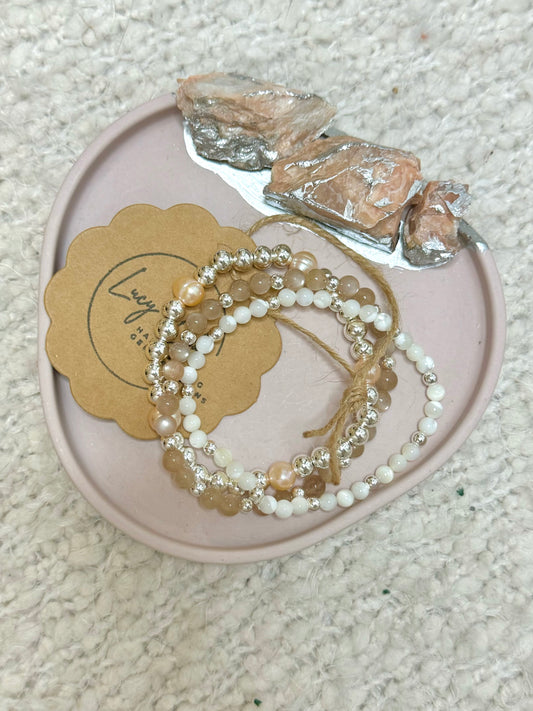 Freshwater Pearl + Moonstone in Silver (3-stack)