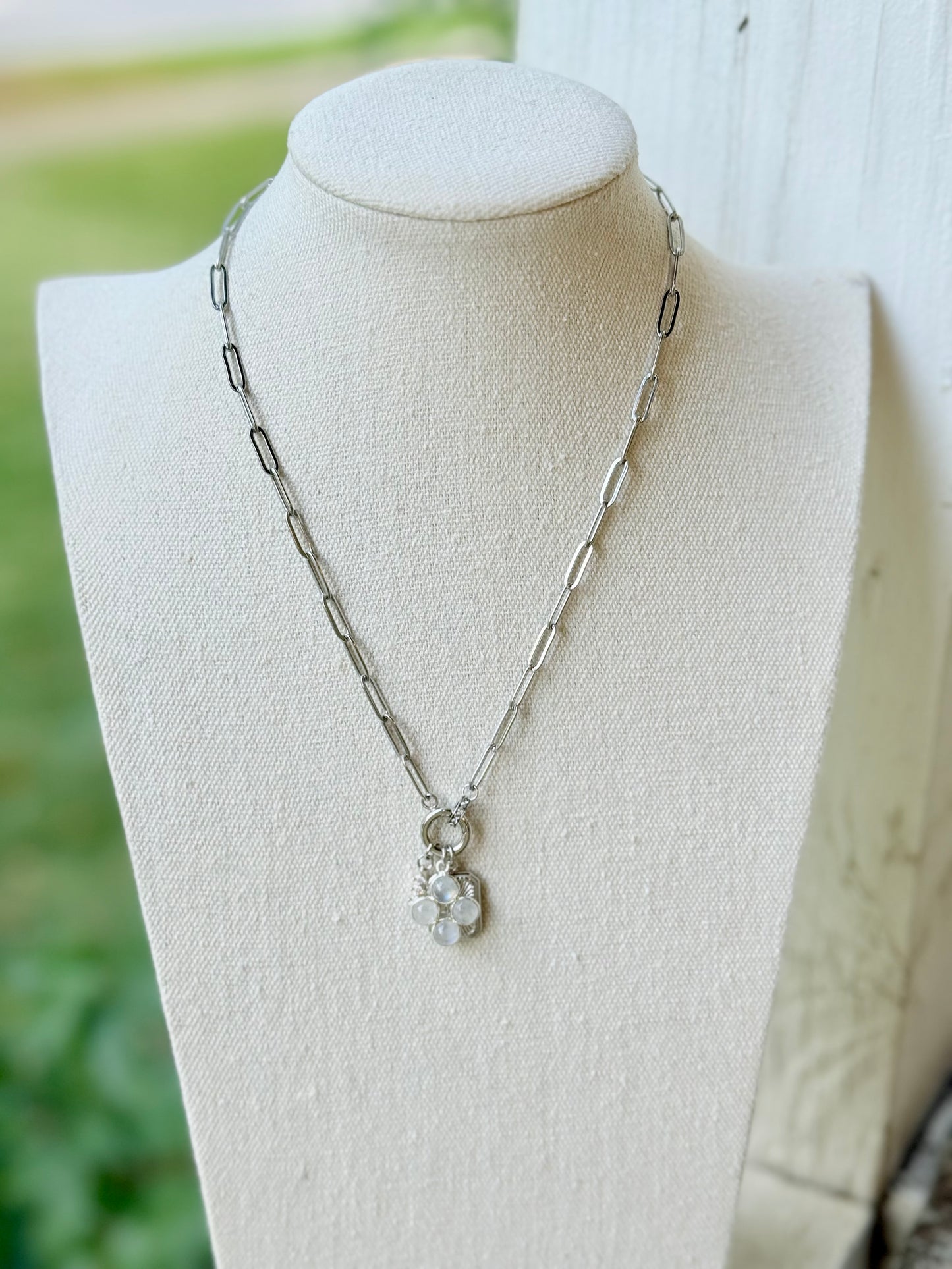 Rainbow Moonstone + Silver Carabiner Charm Necklace