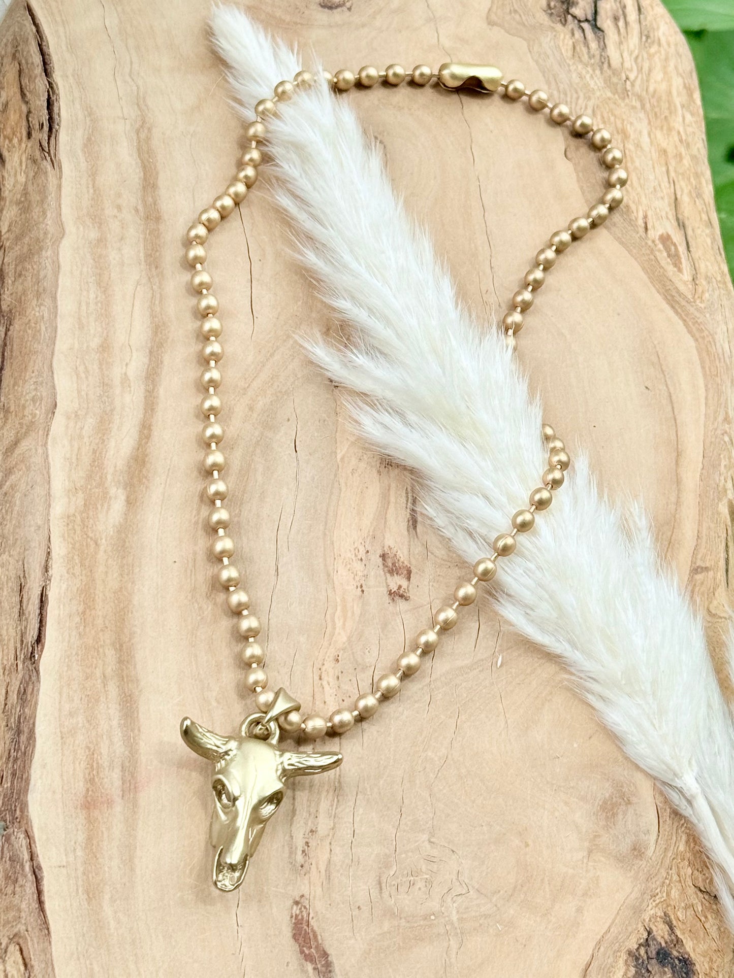 Matte Gold Cow Skull Necklace