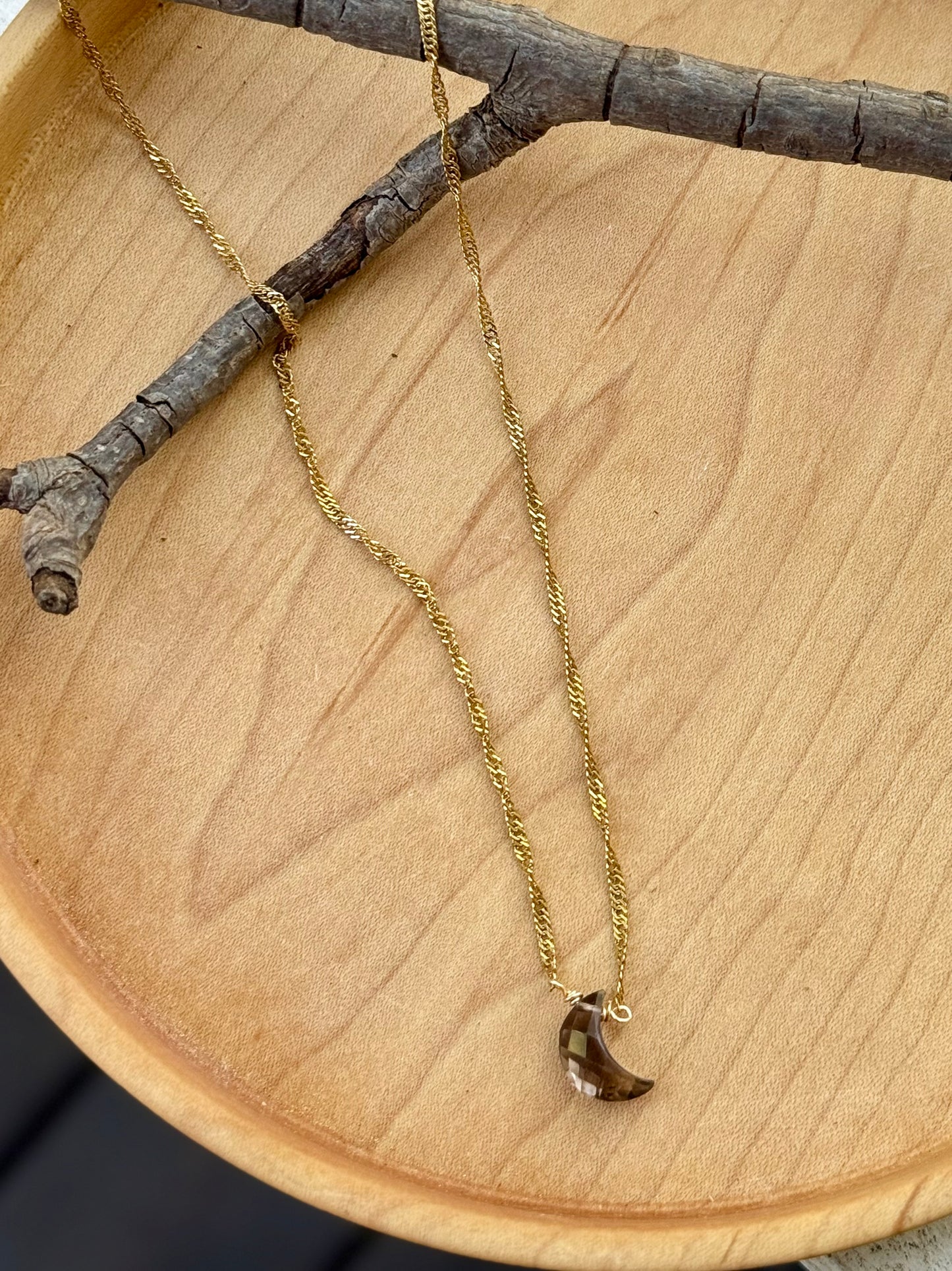 Smoky Quartz Moon + Gold Stainless Steel Necklace