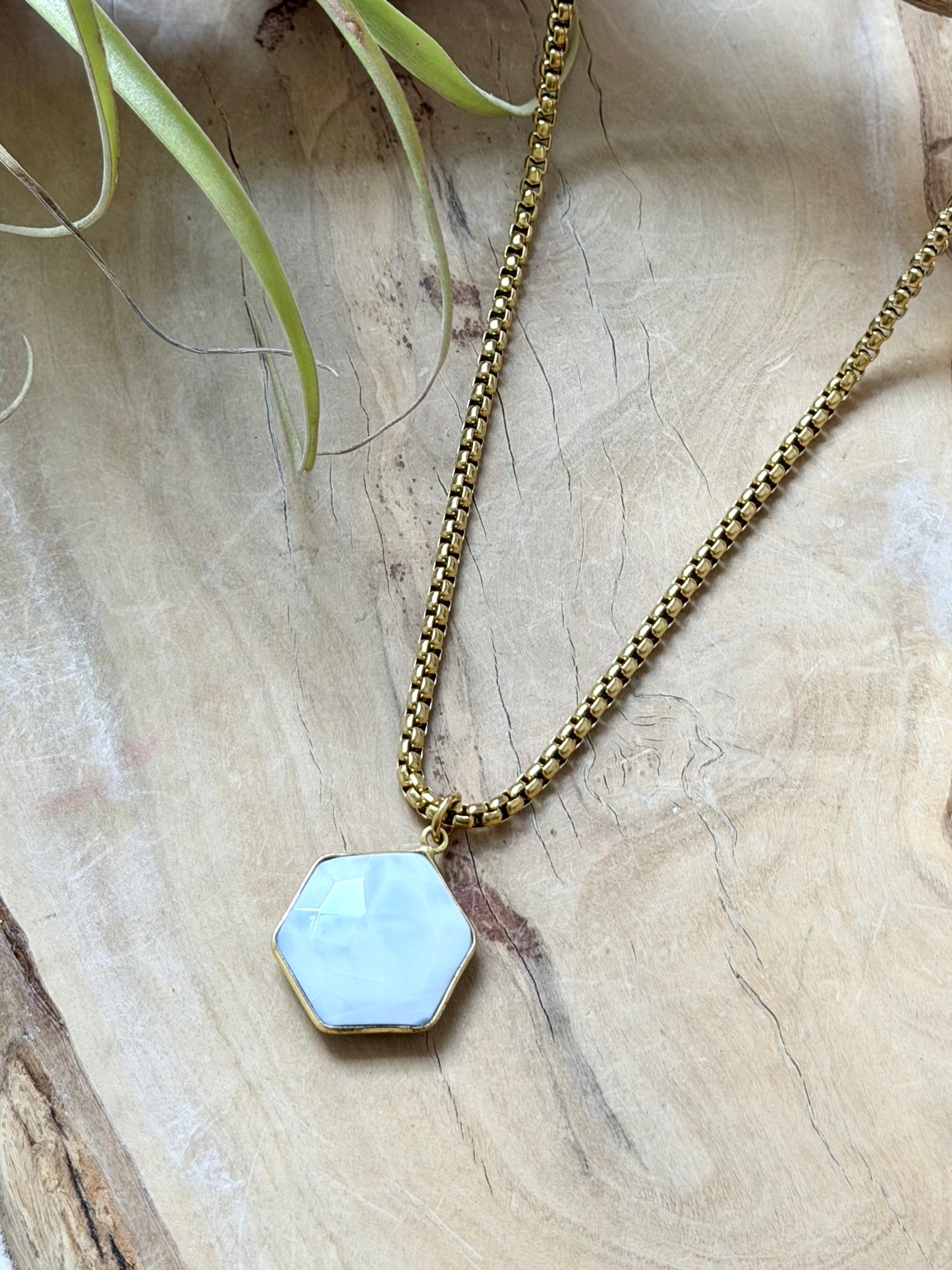 Blue Opal Hexagon + Gold Stainless Steel Necklace