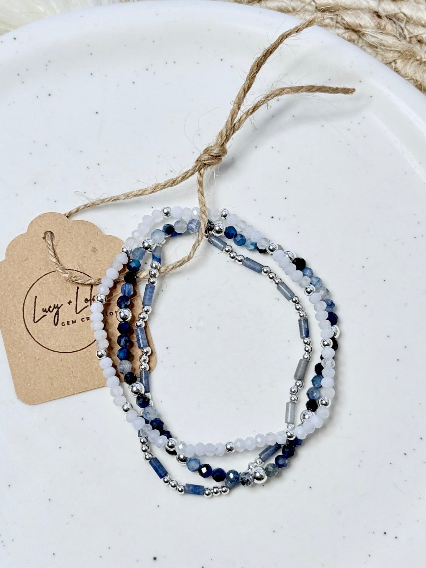 Blue Lace Agate + Kyanite in Silver Stack (3-stack)