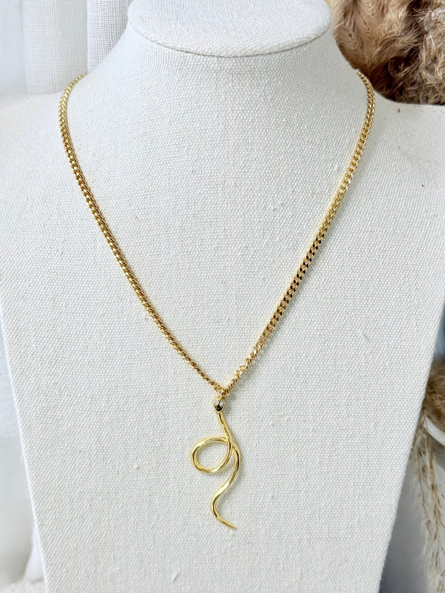 Gold Curled Snake + Curb Chain Necklace