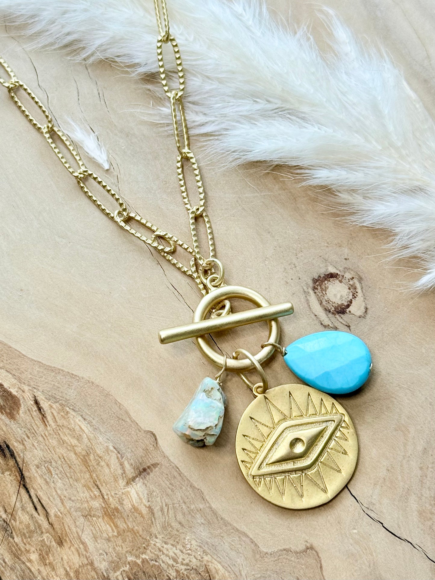 Ethiopian Opal + Turquoise Gold Charm Toggle Necklace