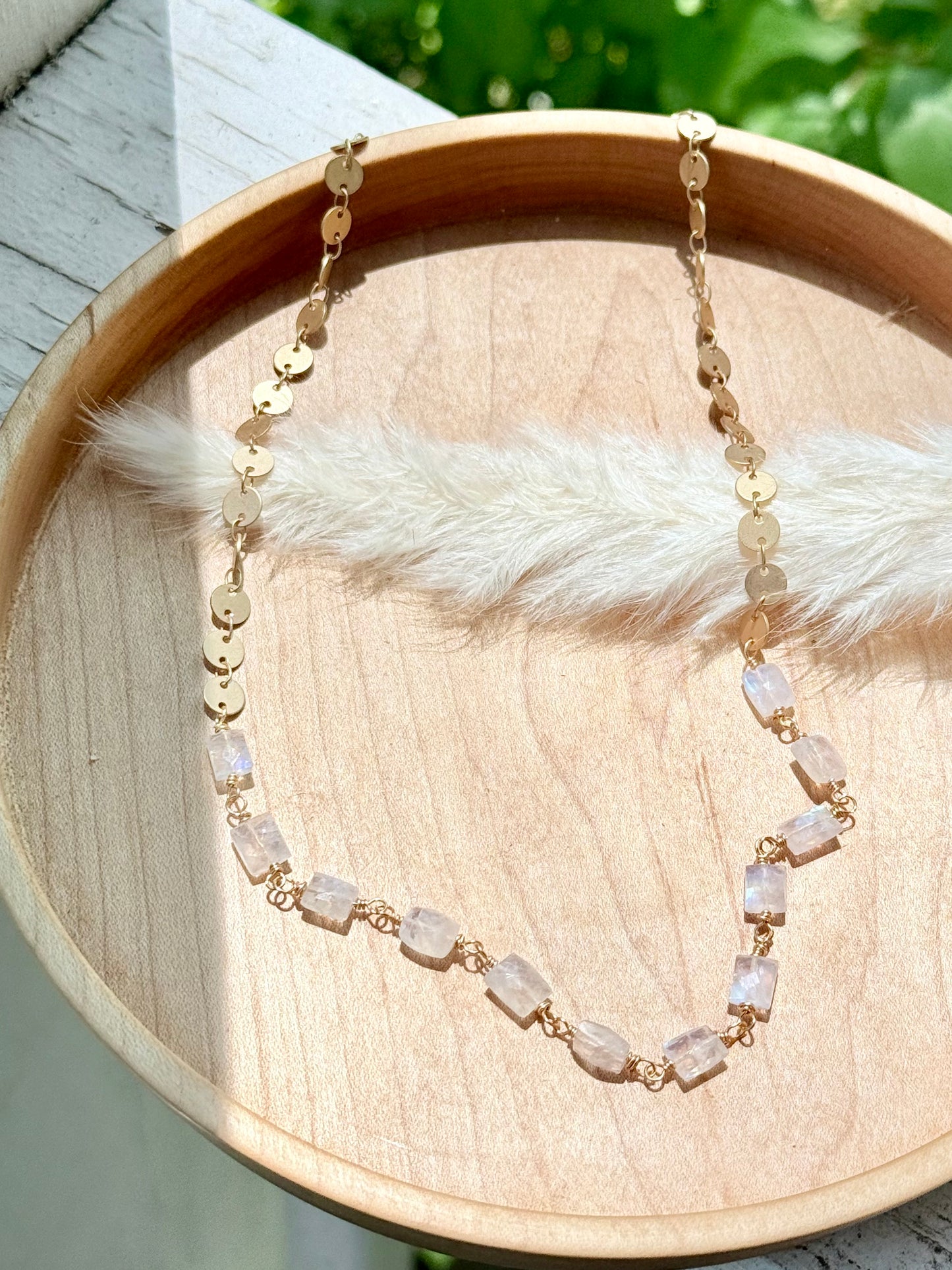Rainbow Moonstone + Matte Gold Sequin Necklace