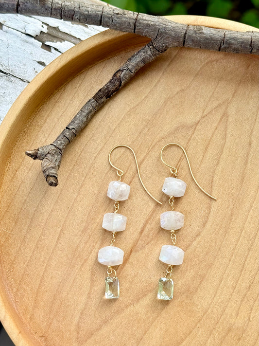 Rainbow Moonstone + Green Amethyst Gold Earrings