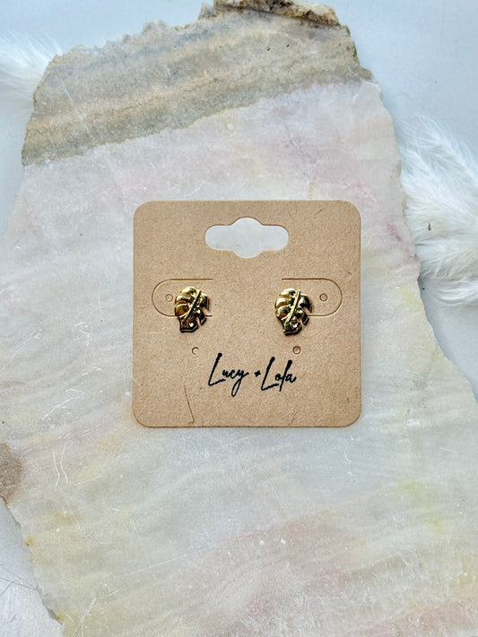 Gold Monstera Mini Stud Earrings