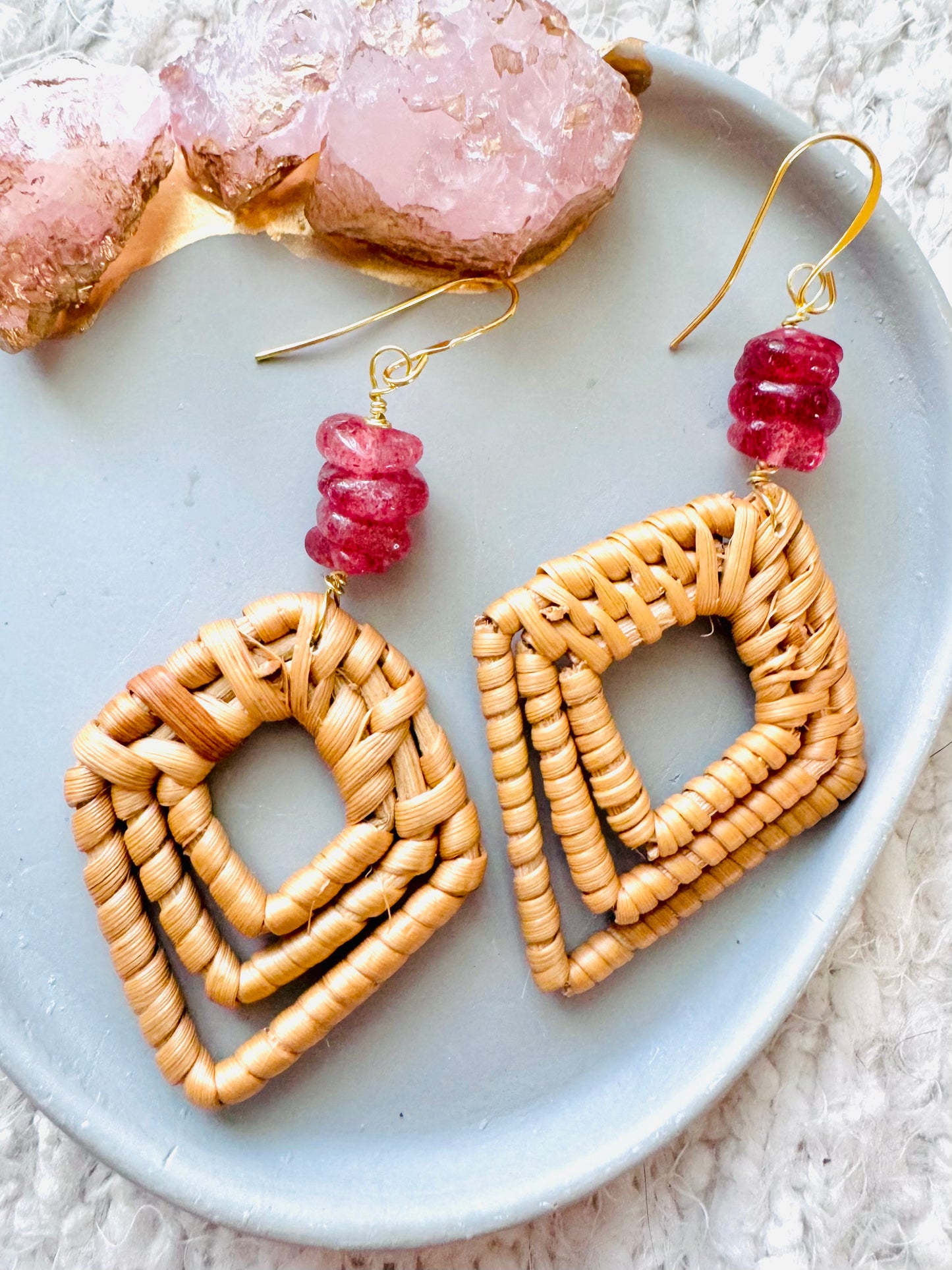 Strawberry Quartz + Gold Rattan Earrings