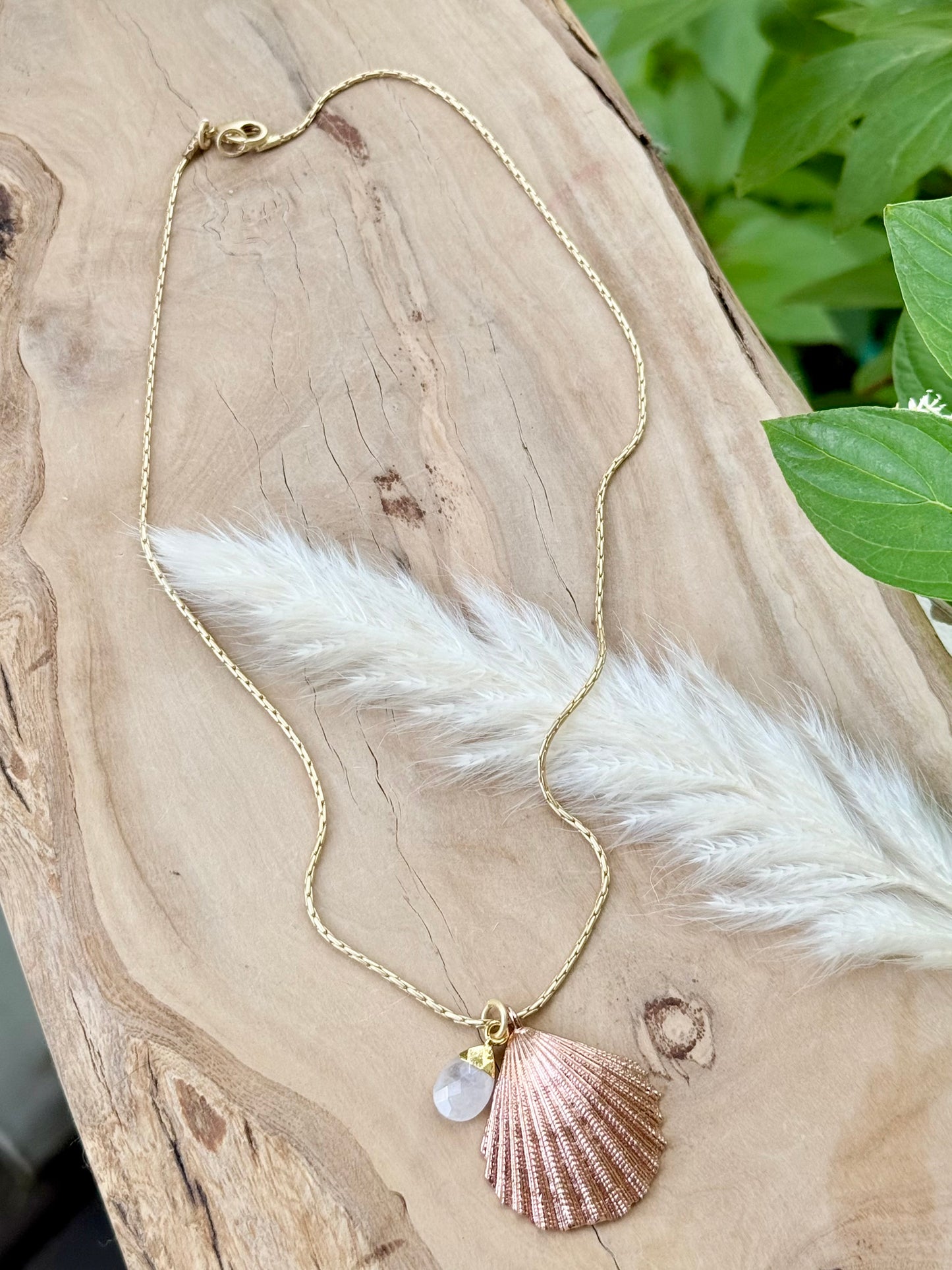 Rose Gold Seashell + Gold Moonstone Necklace