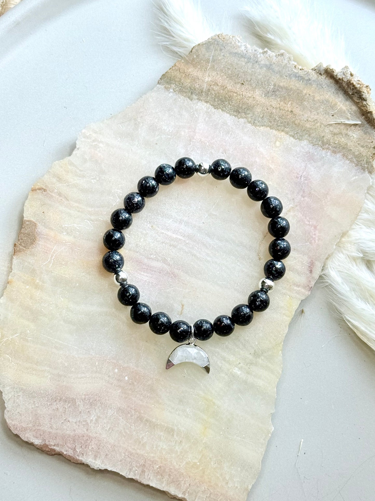 Cultured Black Opal + Rainbow Moonstone Gemstone Bracelet (Silver)