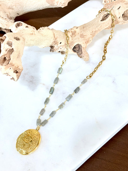Labradorite + Gold Circle Locket Necklace