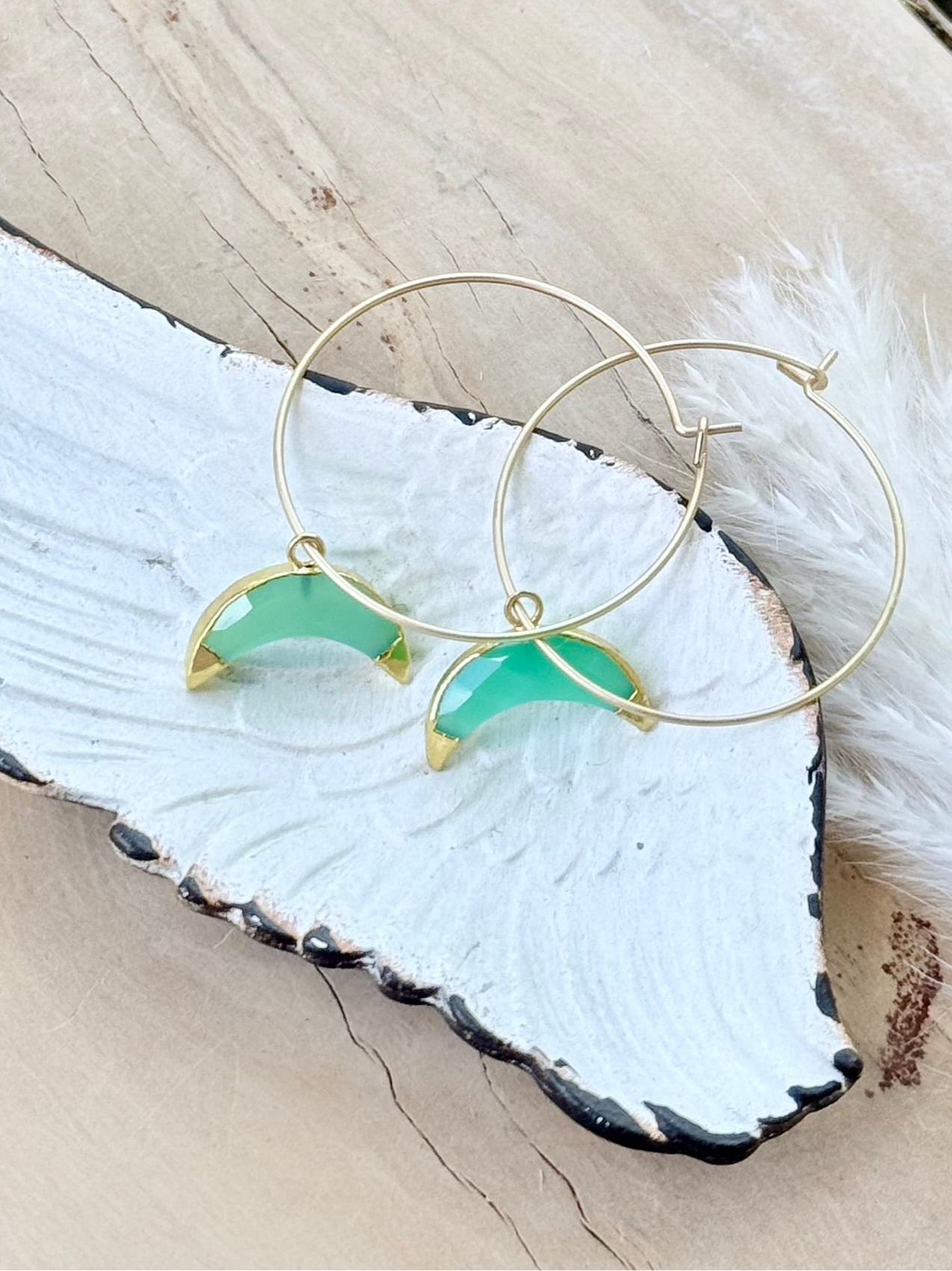 Chrysoprase Moon + Matte Gold Hoop Earrings