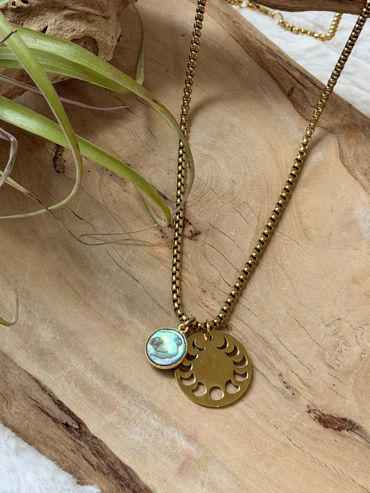 Abalone Shell + Gold Moon Phases Necklace