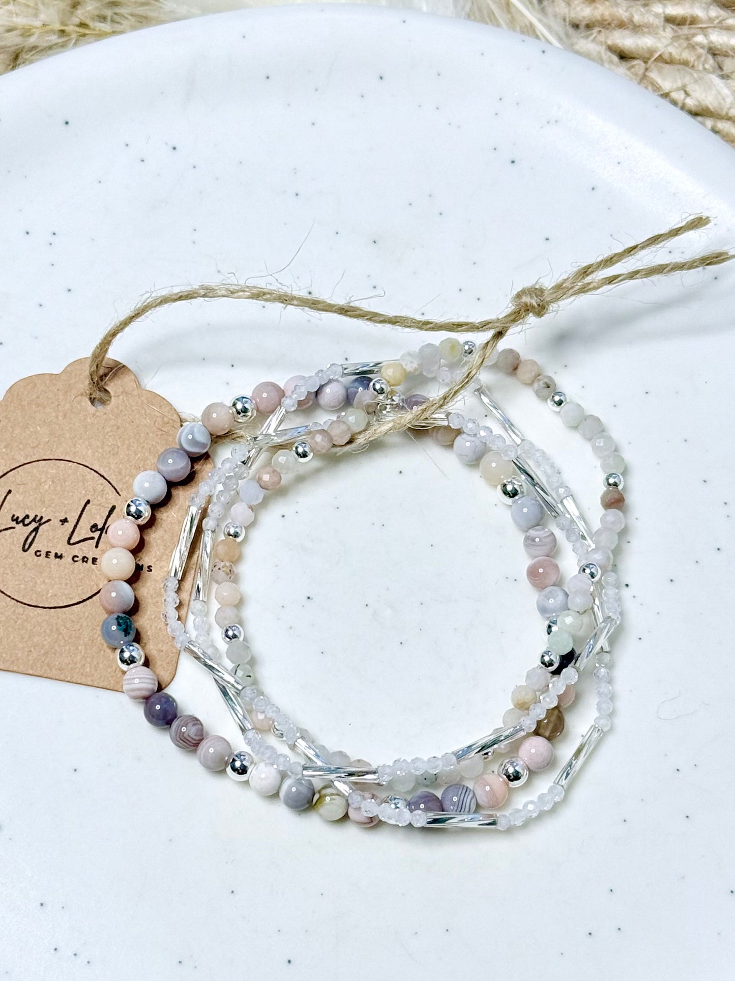 Pink Botswana Agate + Opal in Silver Stack (4-stack)