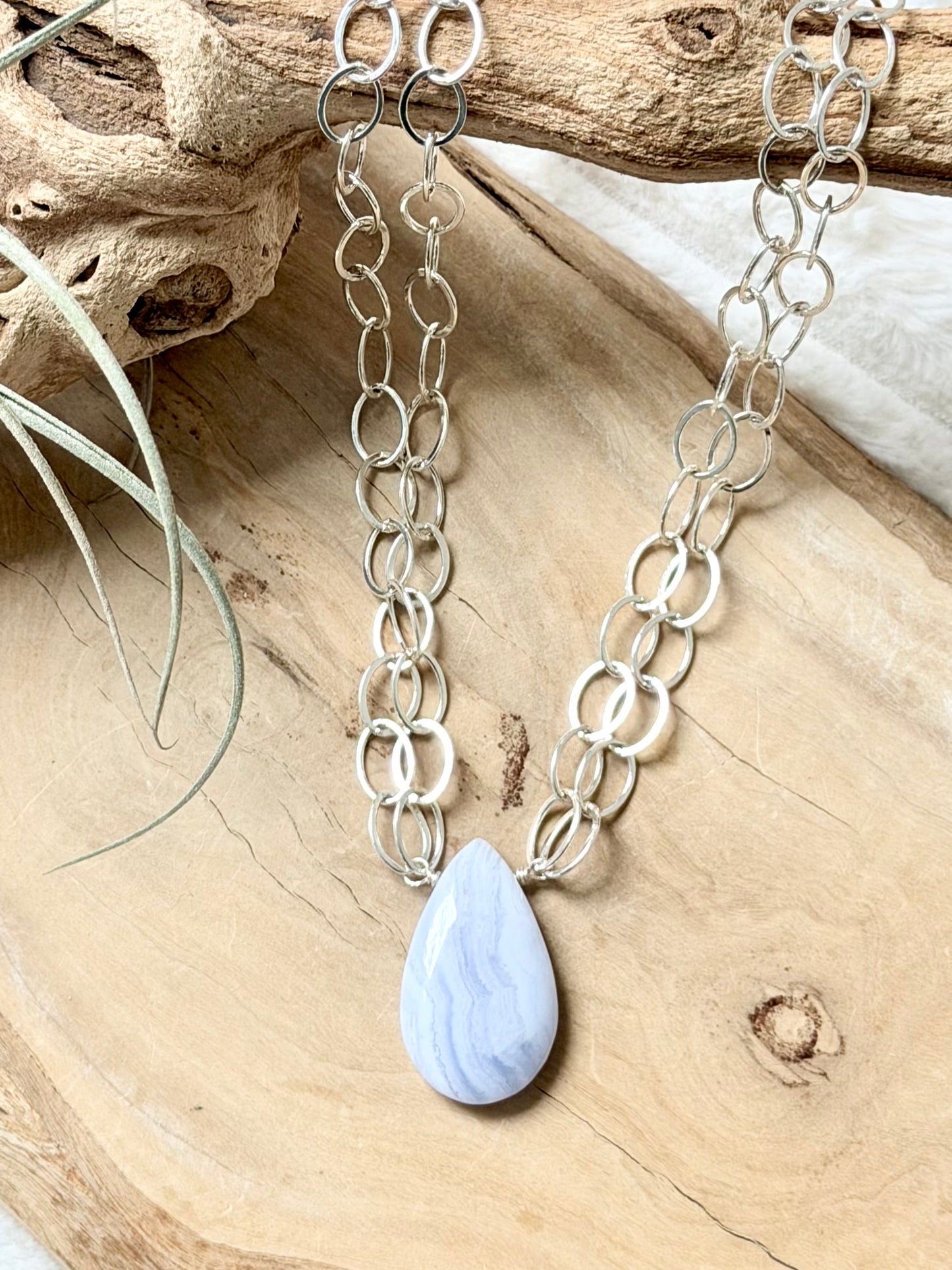 Blue Lace Agate + Silver Double Chain Necklace