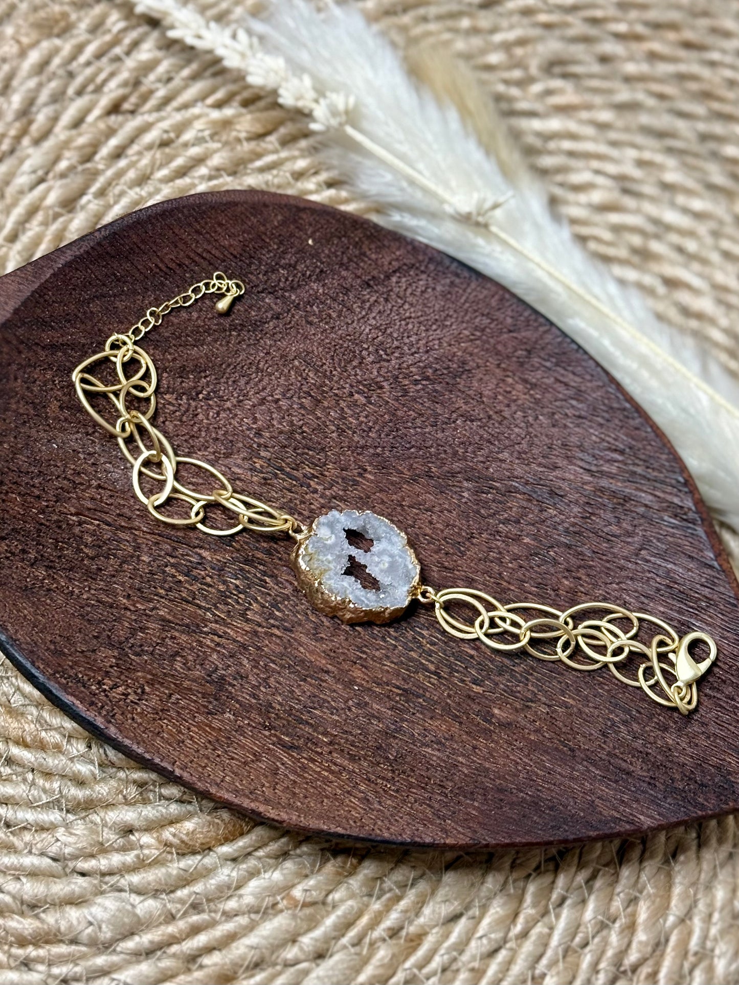 White Druzy Agate + Matte Gold Chain Bracelet