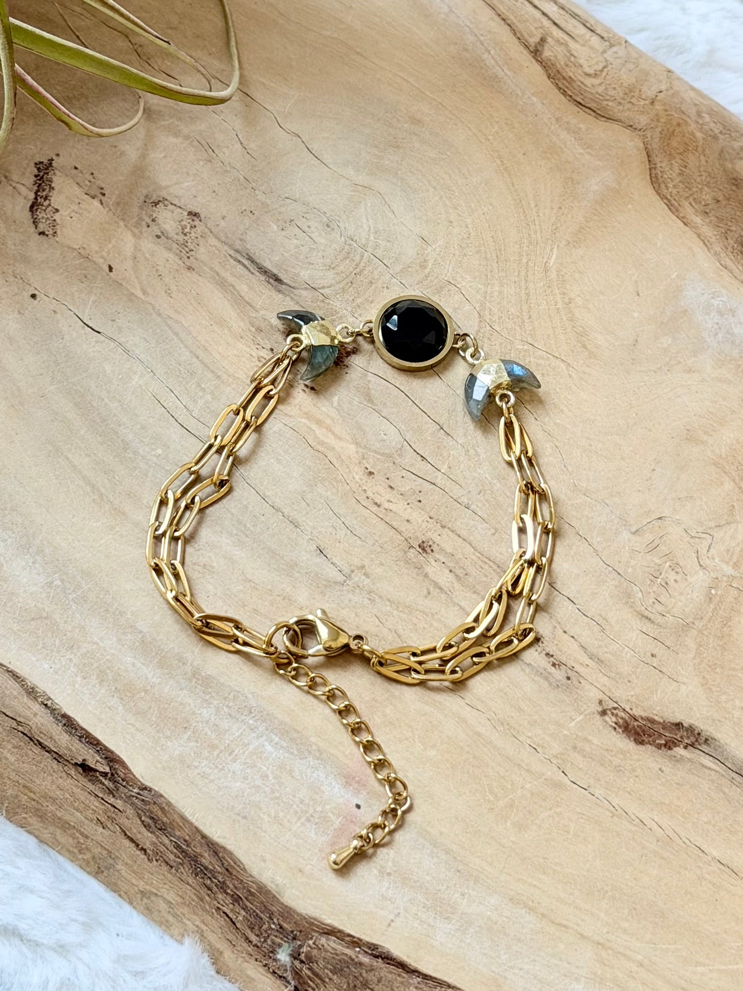 Black Obsidian + Labradorite Gold Moon Bracelet