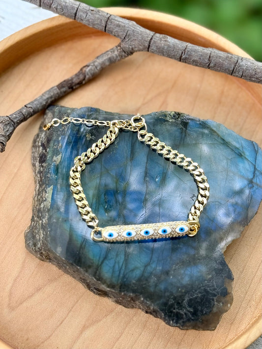 Evil Eye + Gold Stainless Steel Bar Bracelet