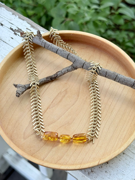 Amber + Matte Gold Fishbone Chain Necklace