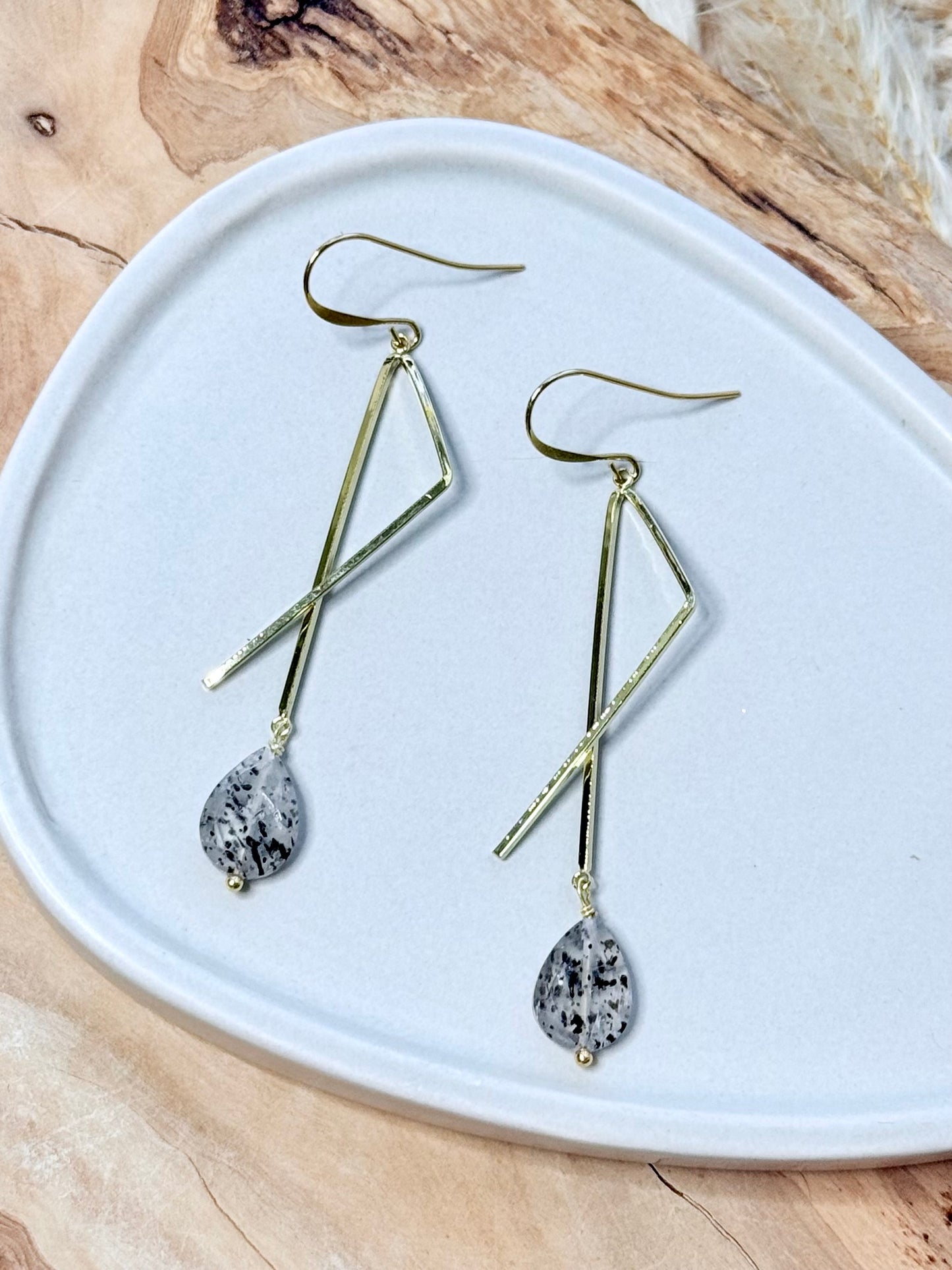 Black Mica in Tourmaline Quartz + Gold Abstract Earrings