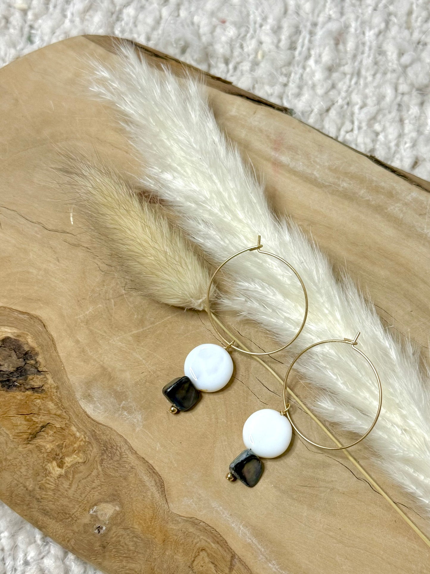White Opal + Spanish Abalone Matte Gold Hoop Earrings