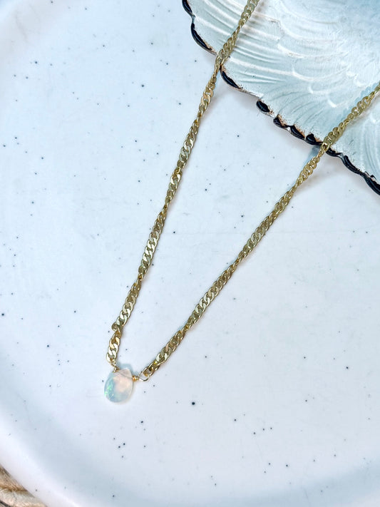 Ethiopian Opal + Matte Gold Twisted Chain Necklace
