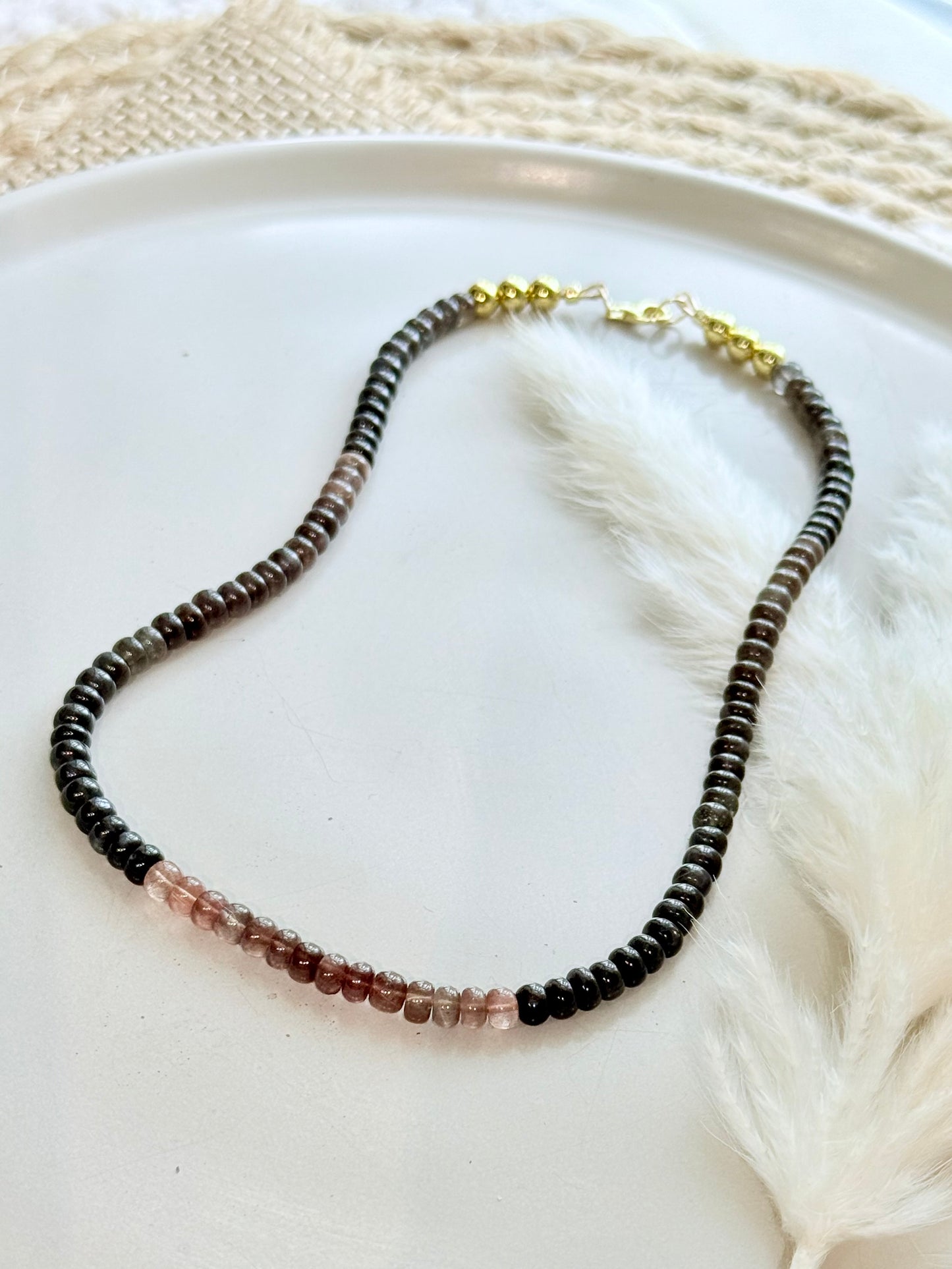 Neutral Chrysoberyl + Gold Beaded Necklace