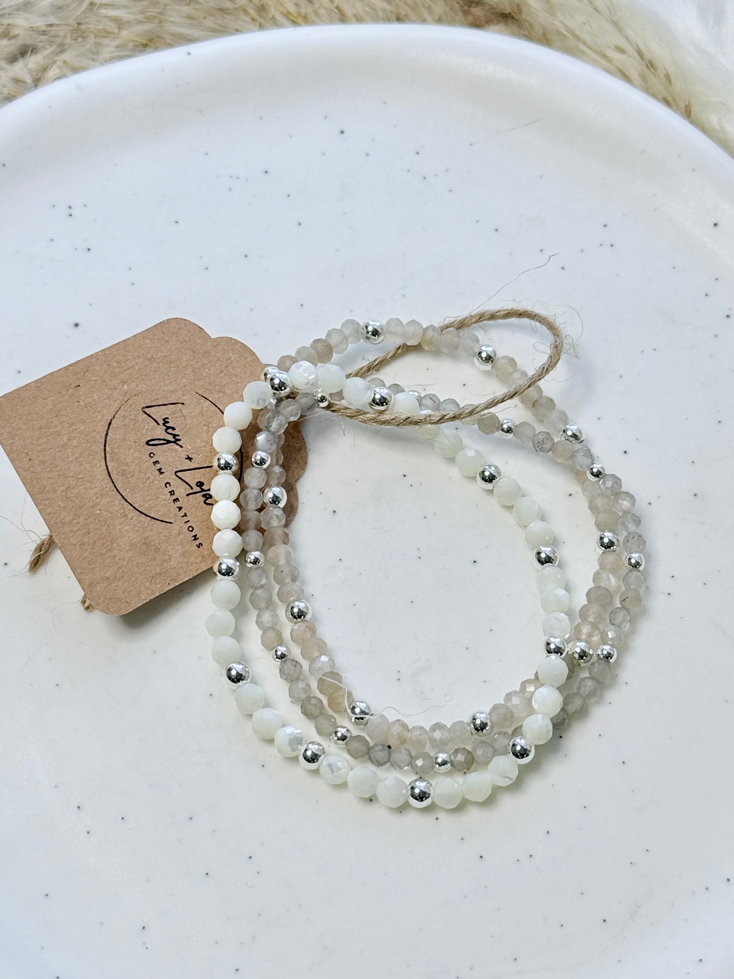 Moonstone + Mother of Pearl in Silver Stack (3-stack)