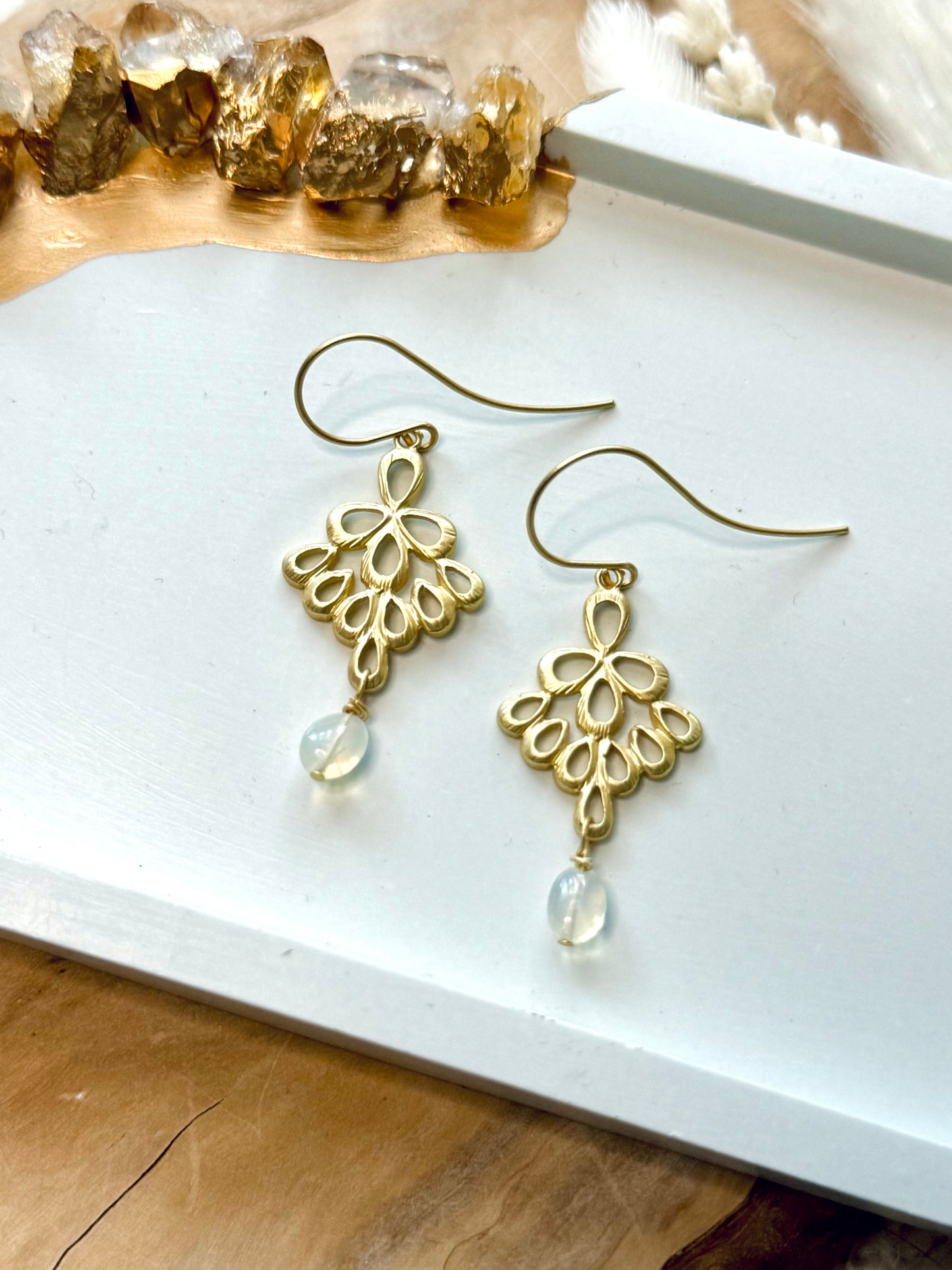 Ethiopian Opal + Matte Gold Floral Earrings