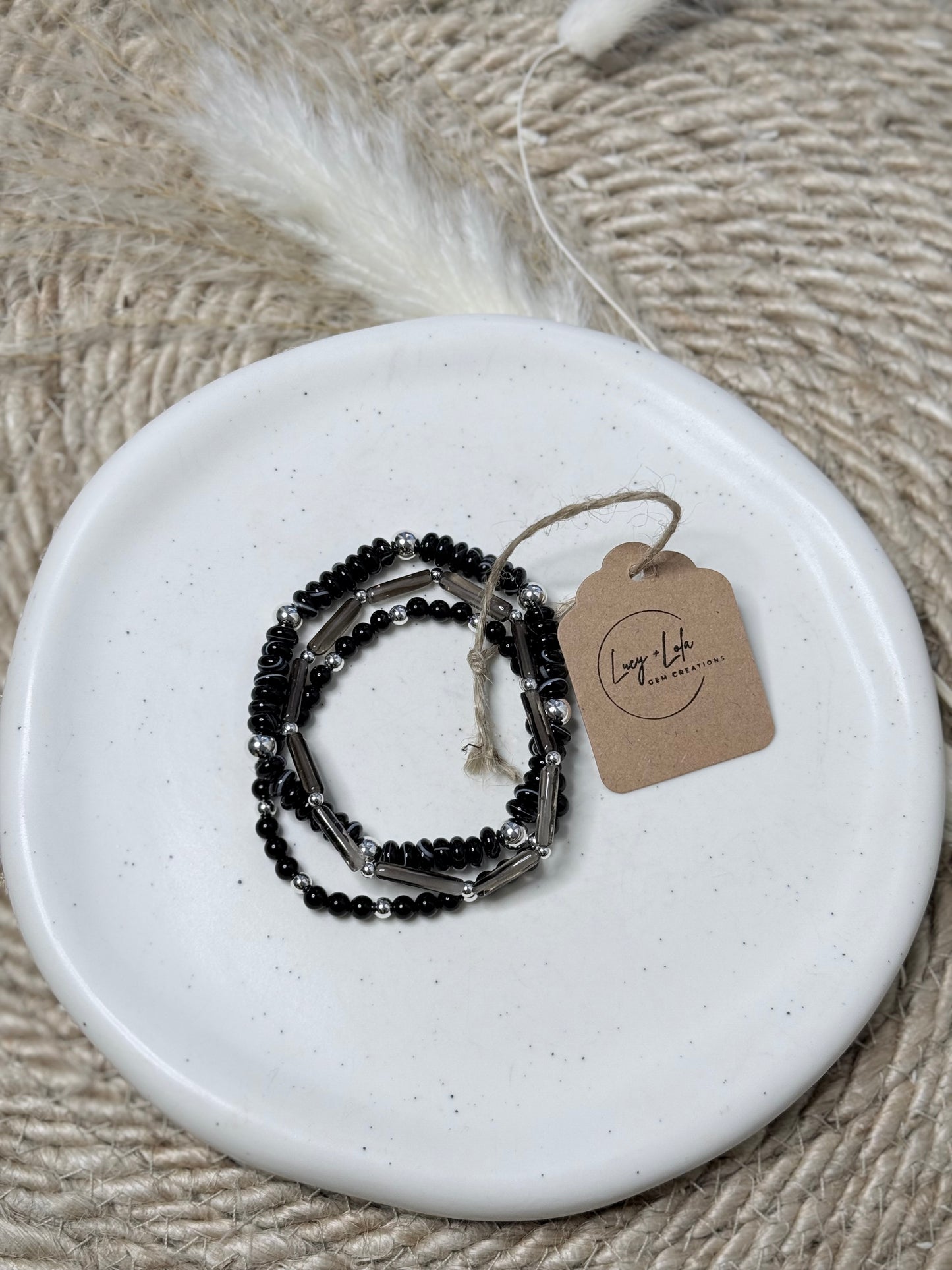 Black Onyx + Smoky Quartz in Silver Stack (3-stack)