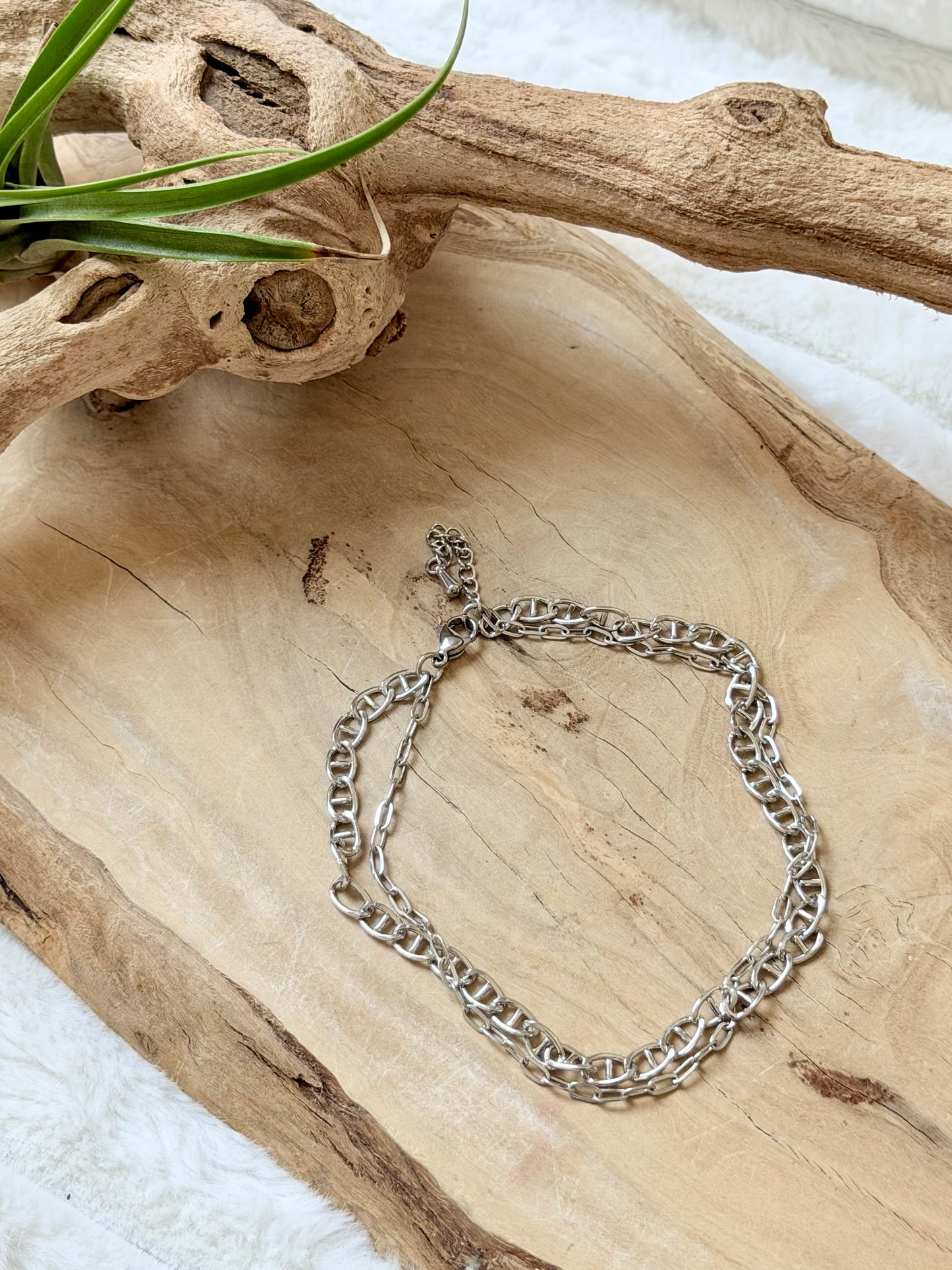 Stainless Duet Anklet (Twisted + Small Paperclip Chains)
