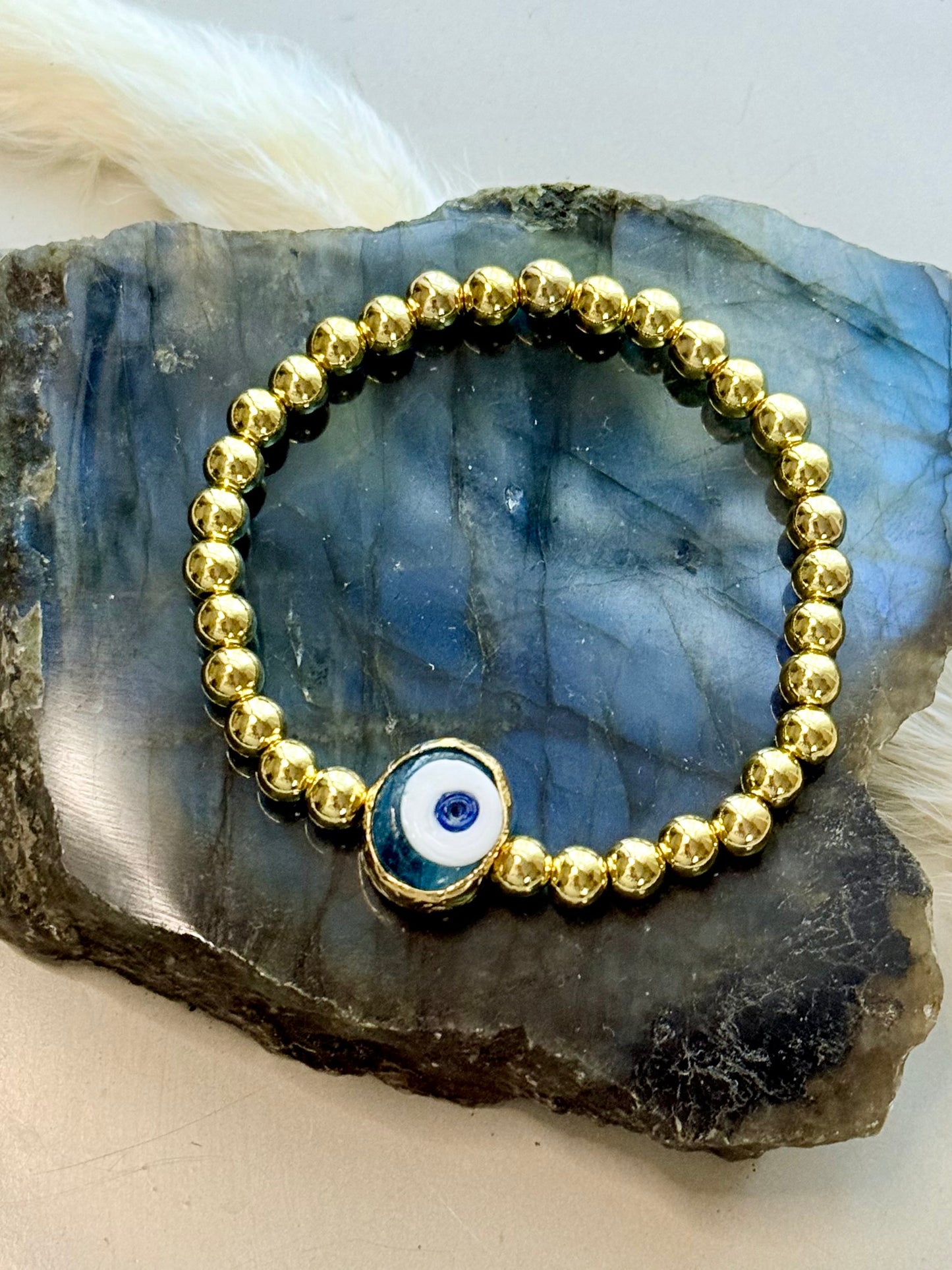 Translucent Blue Artsy Evil Eye + Gold Beaded Bracelet