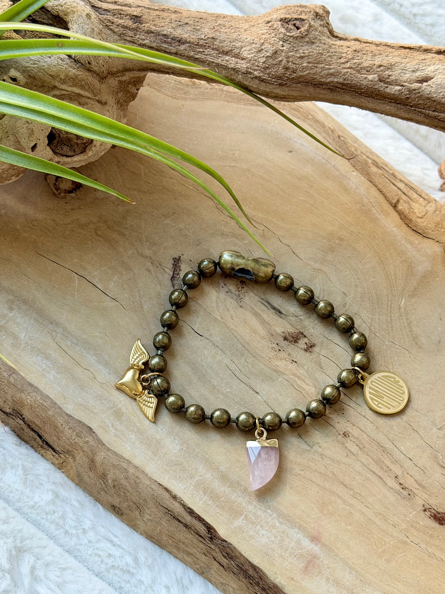 Rose Quartz + Brass Ball Charm Bracelet