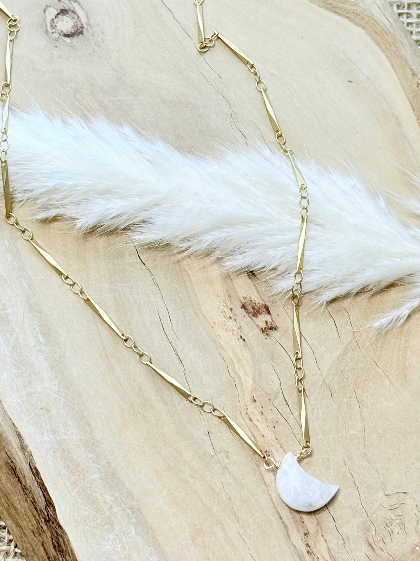 Rainbow Moonstone + Matte Gold Moon Necklace