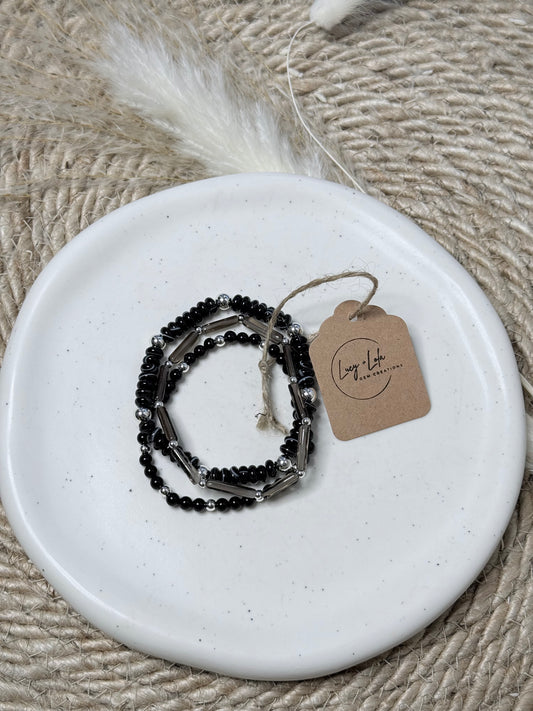 Black Onyx + Smoky Quartz in Silver Stack (3-stack)