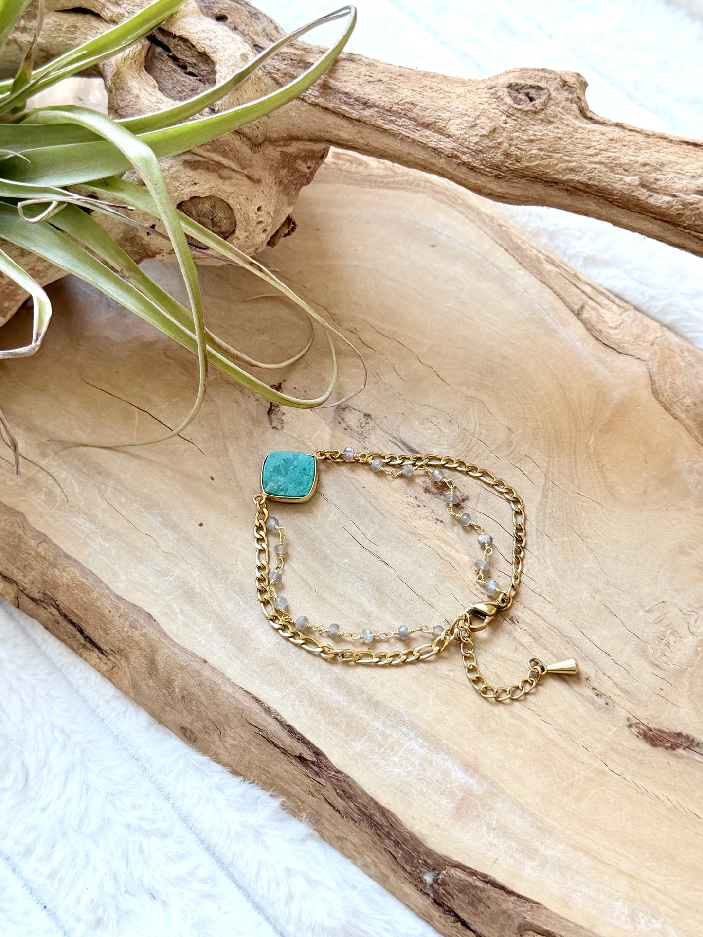Chrysocolla + Labradorite Duet Bracelet in Gold Stainless Steel