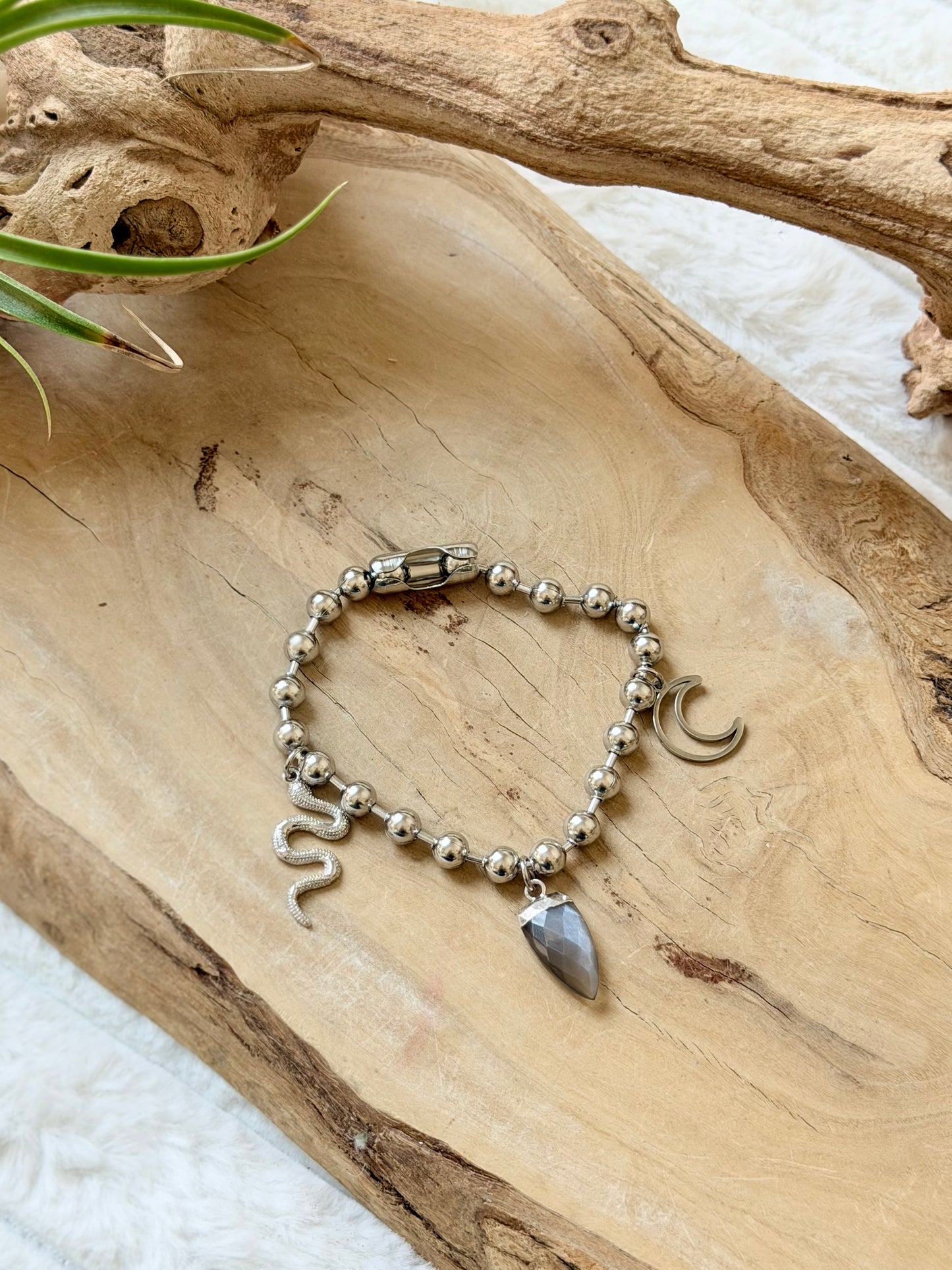 Gray Moonstone + Stainless Ball Chain Charm Bracelet