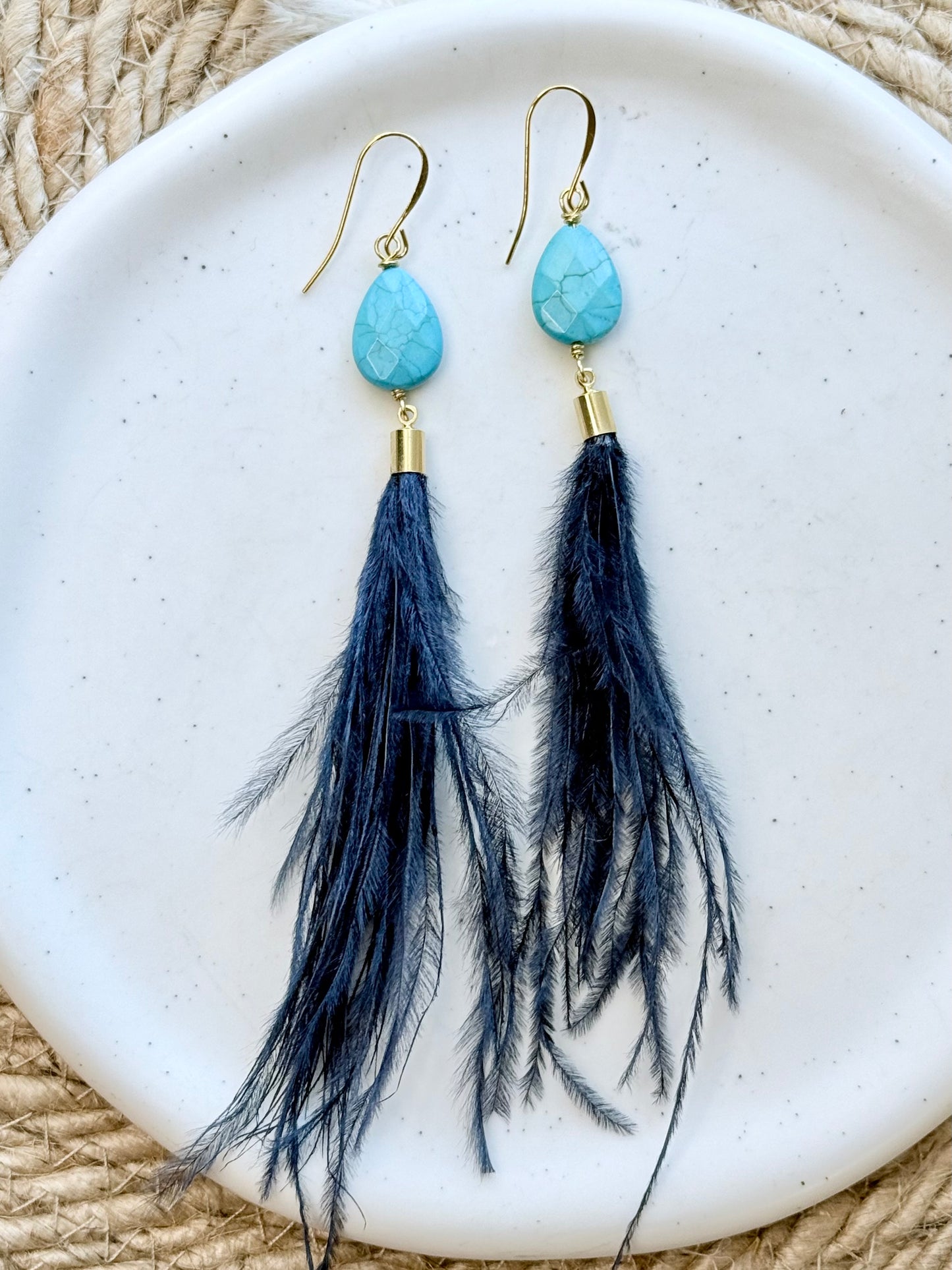 Turquoise + Gold Navy Feather Earrings