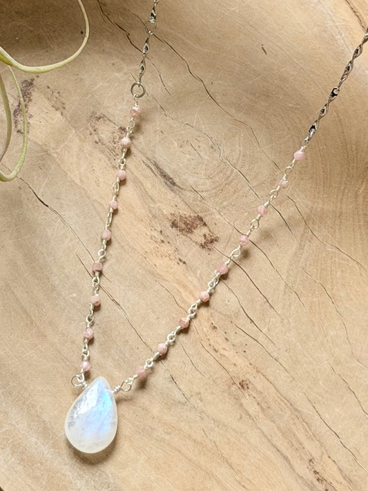 Rainbow Moonstone + Pink Opal Silver Necklace
