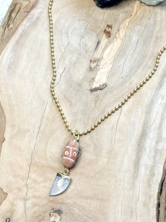 Quartz + African Ceramic Matte Gold Boho Necklace