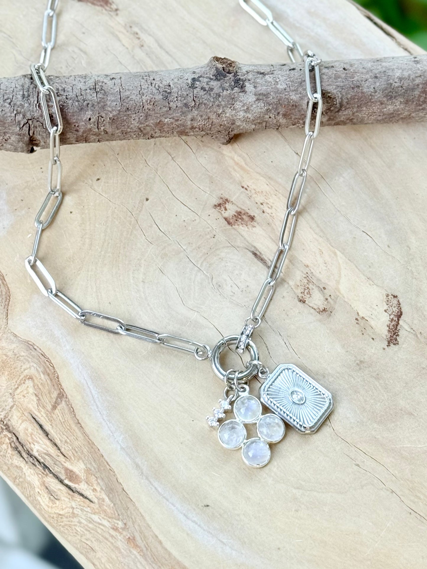 Rainbow Moonstone + Silver Carabiner Charm Necklace