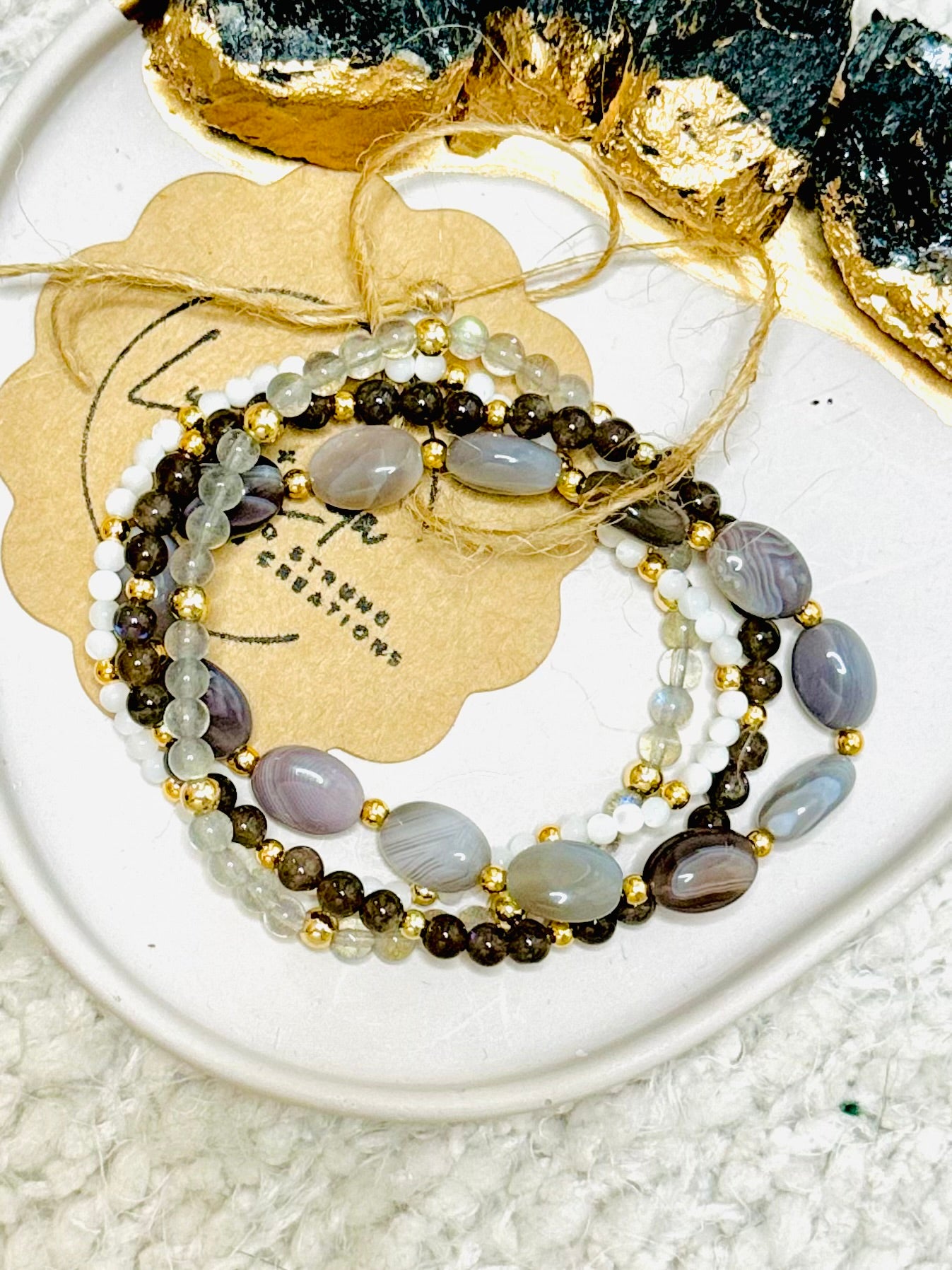 Botswana Agate + Gray in Gold (4-stack)