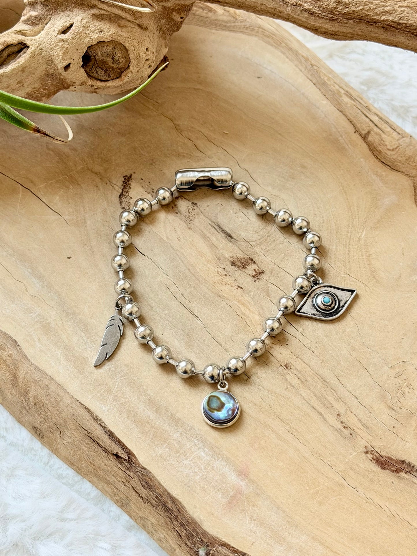 Abalone Shell + Stainless Ball Chain Charm Bracelet