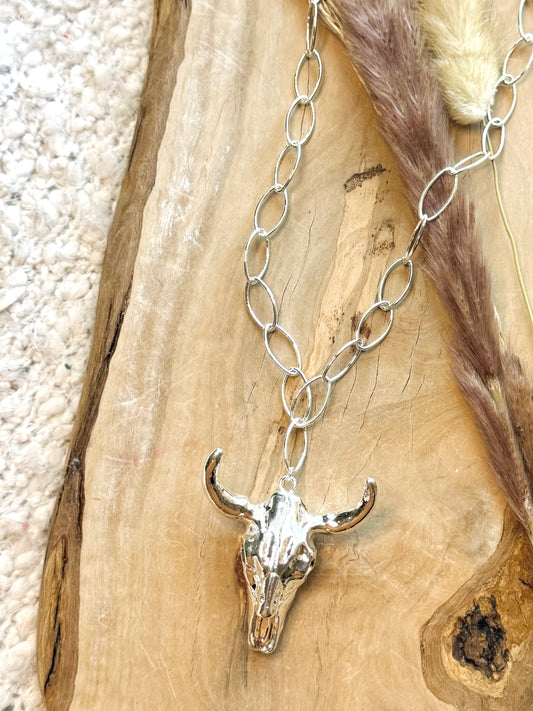 Chunky Silver Cow Skull Necklace