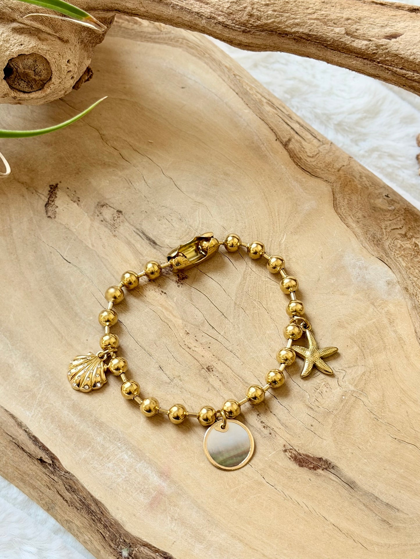 Mother of Pearl + Gold Stainless Ball Chain Charm Bracelet