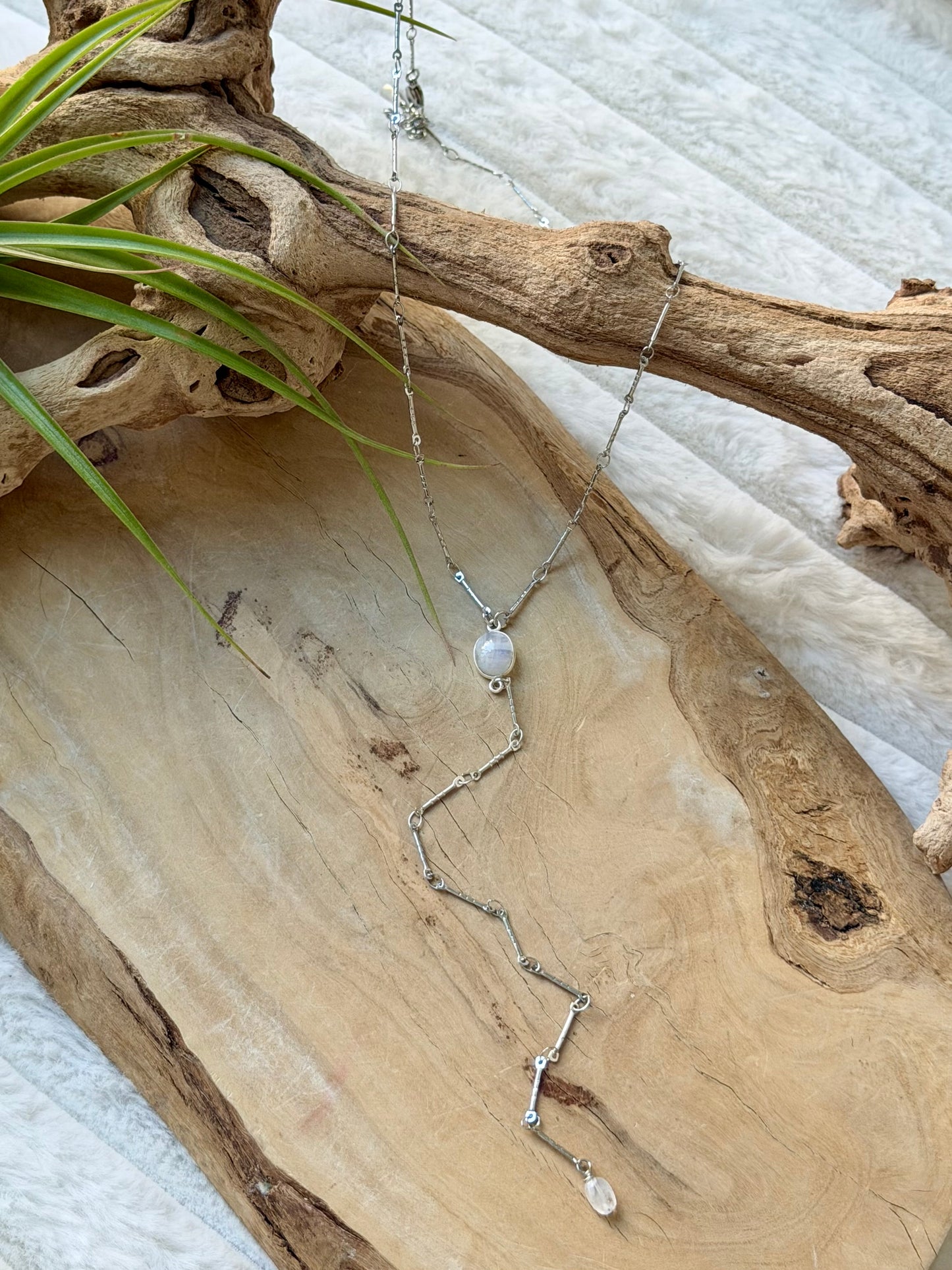 Rainbow Moonstone + Silver Lariat Necklace