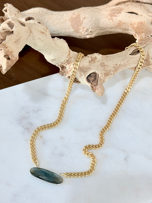 Labradorite + Matte Gold Bar Necklace